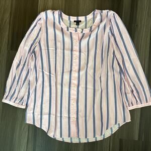 LOFT Pink Blouse Size Large Blue Stripes 3/4 Sleeves Button Down